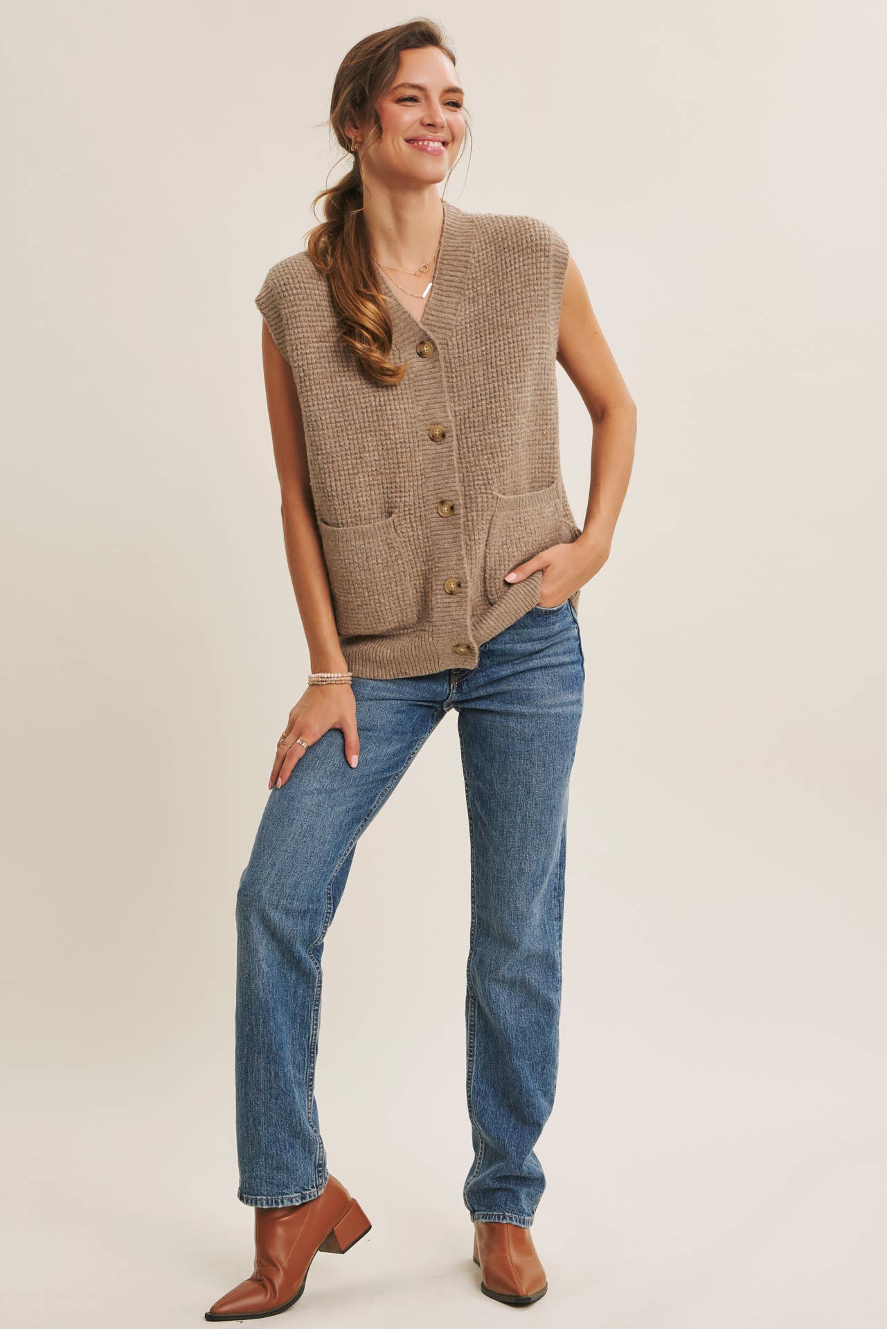 Light Brown Textured Thermal Button Down Sweater Vest