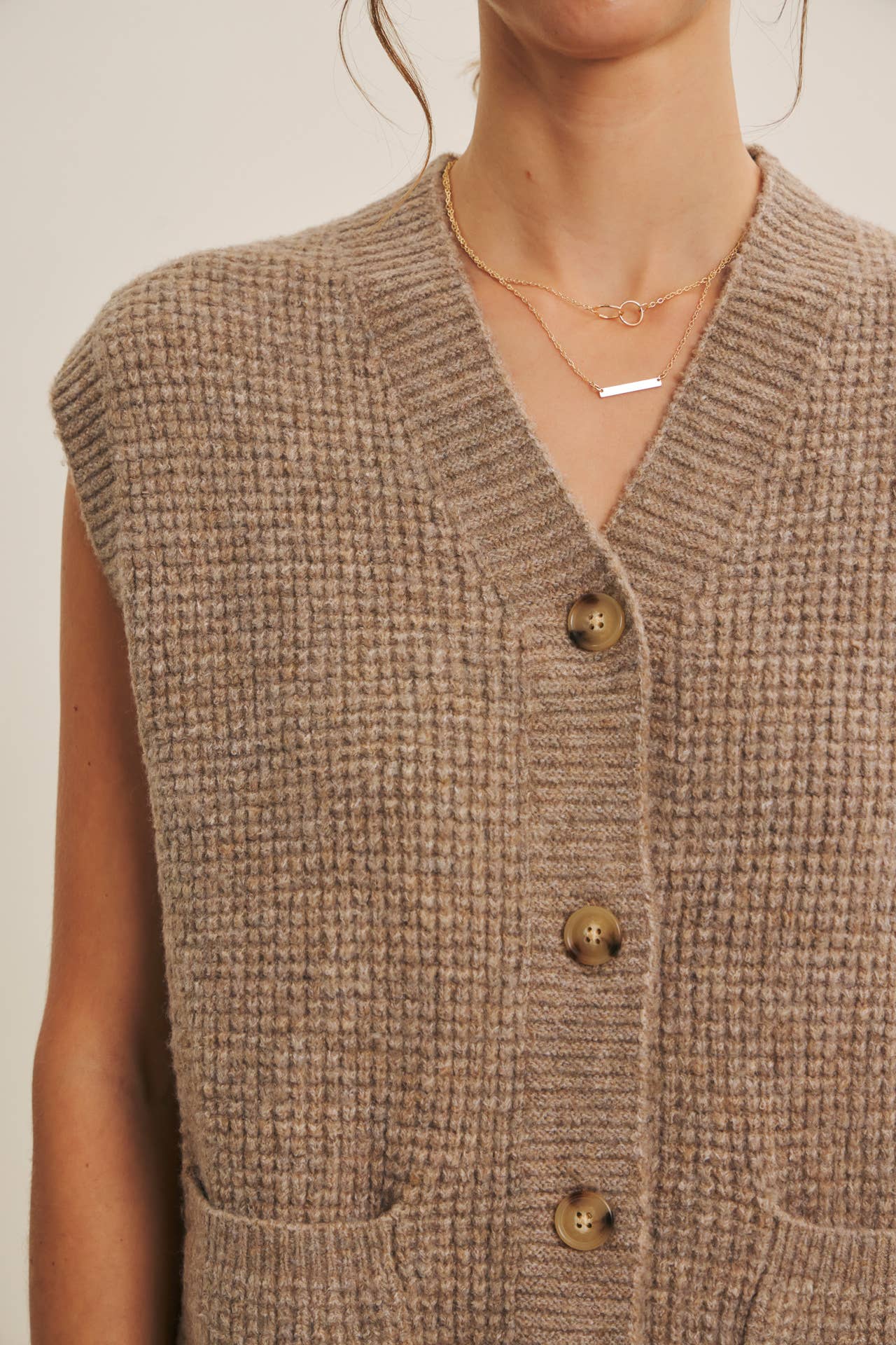 Light Brown Textured Thermal Button Down Sweater Vest