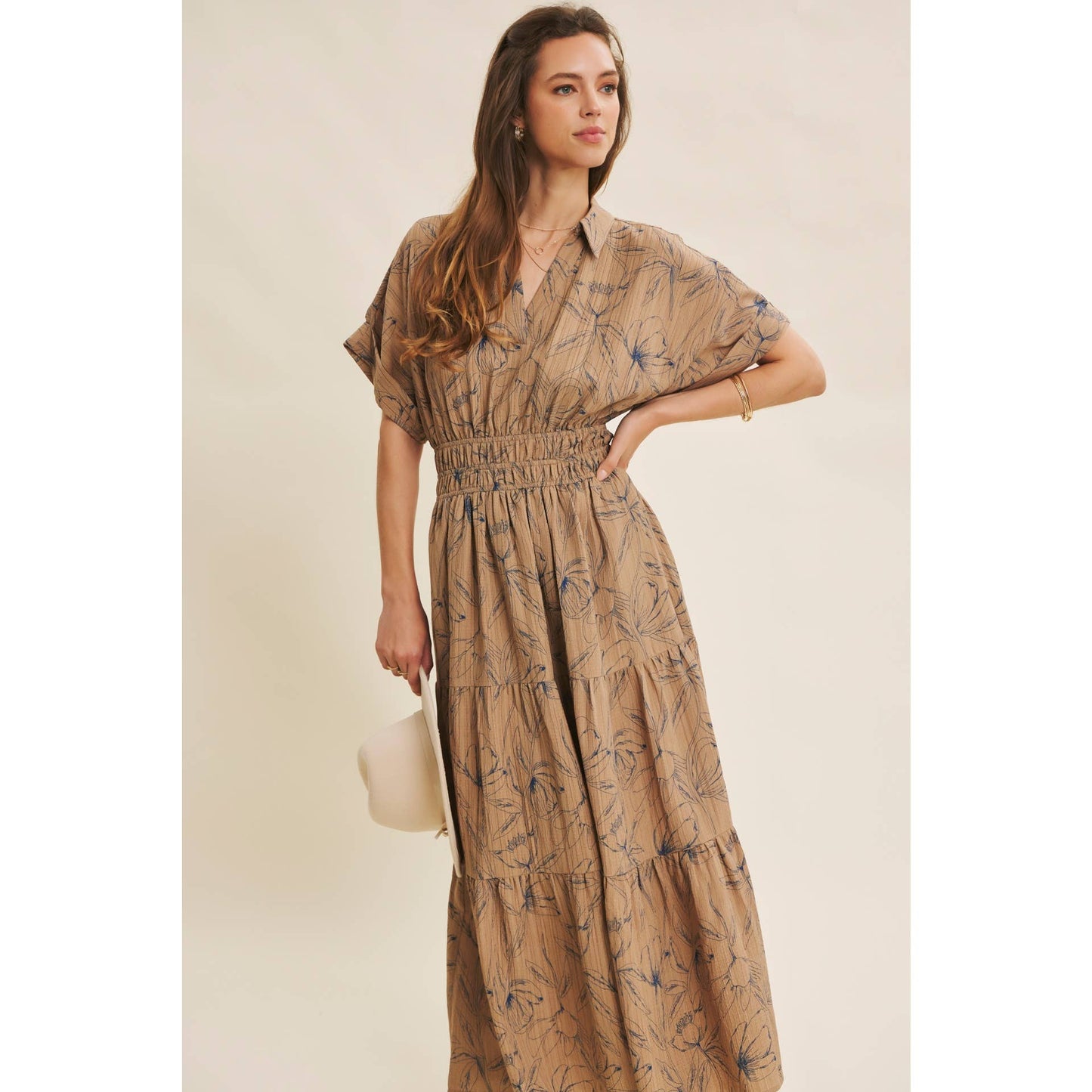 Mocha Vintage Inspired Dolman Sleeve Textured Floral Maxi Dress