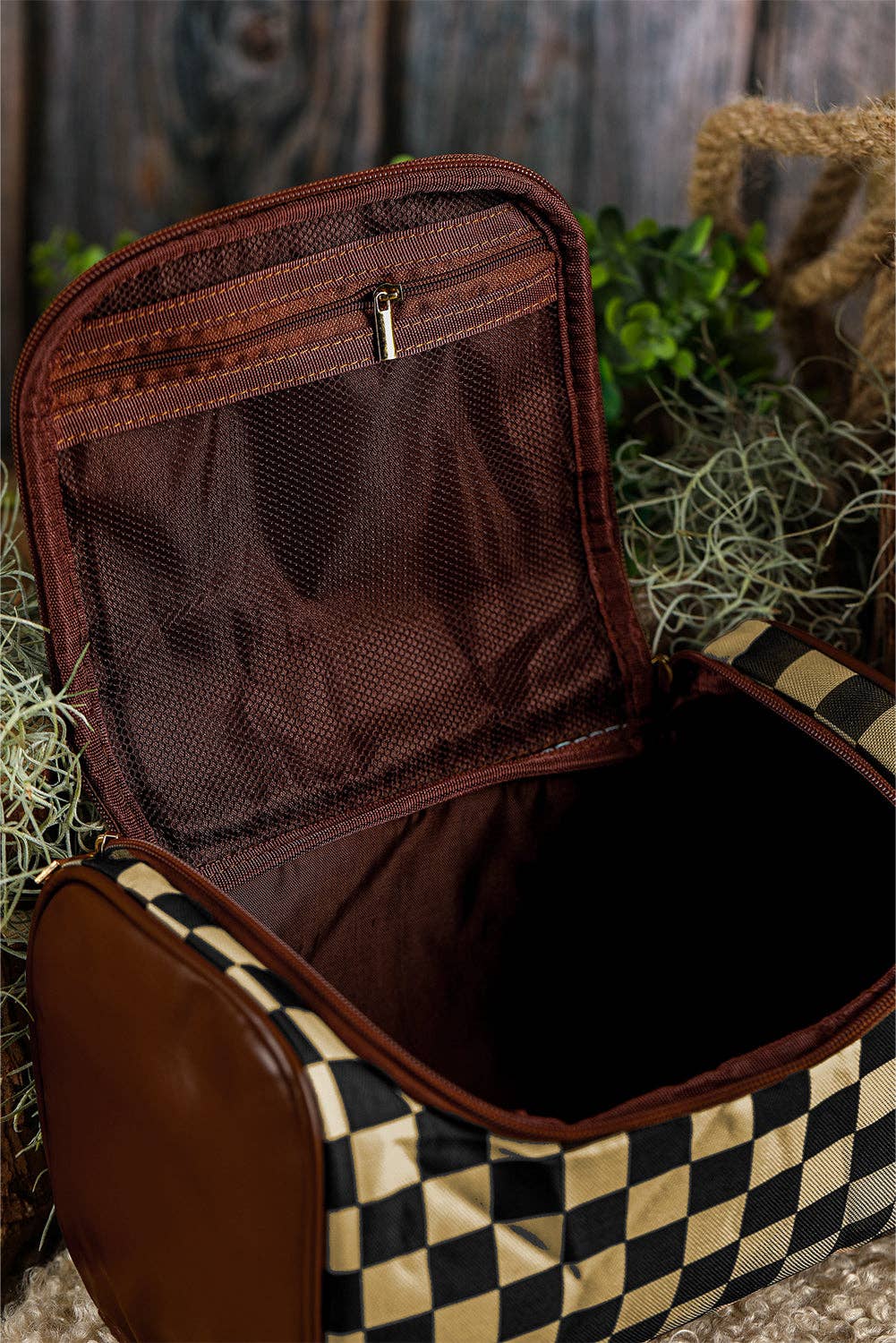Black Checkered Faux Leather Zippered Makeup Bag