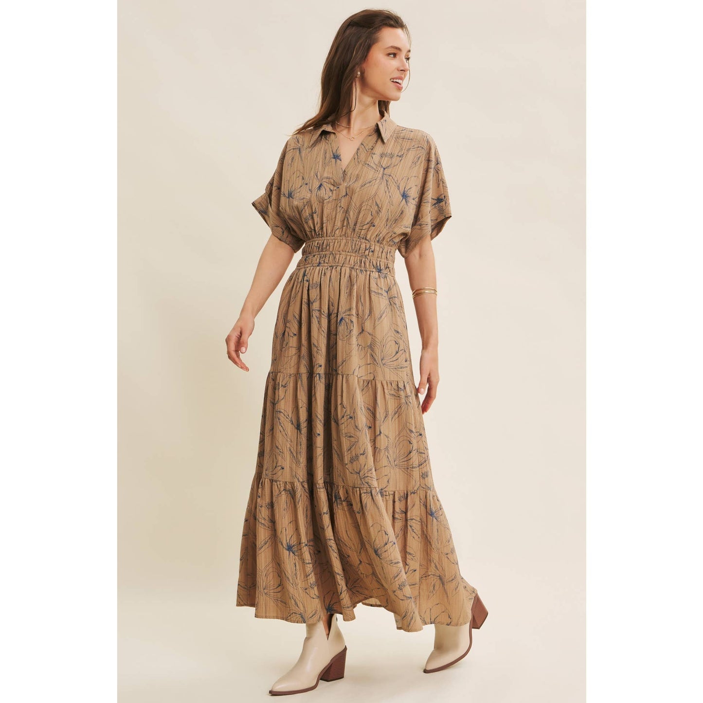 Mocha Vintage Inspired Dolman Sleeve Textured Floral Maxi Dress
