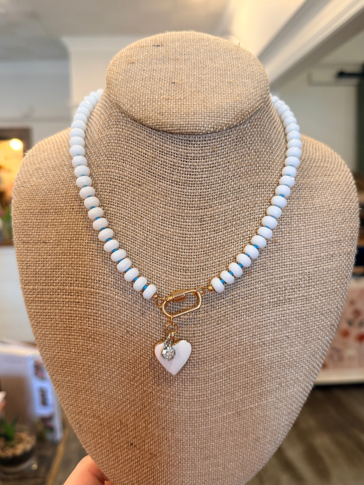 White Quartz "Candy Necklace" with 18k Gold Findings and Blue Seed Beads
