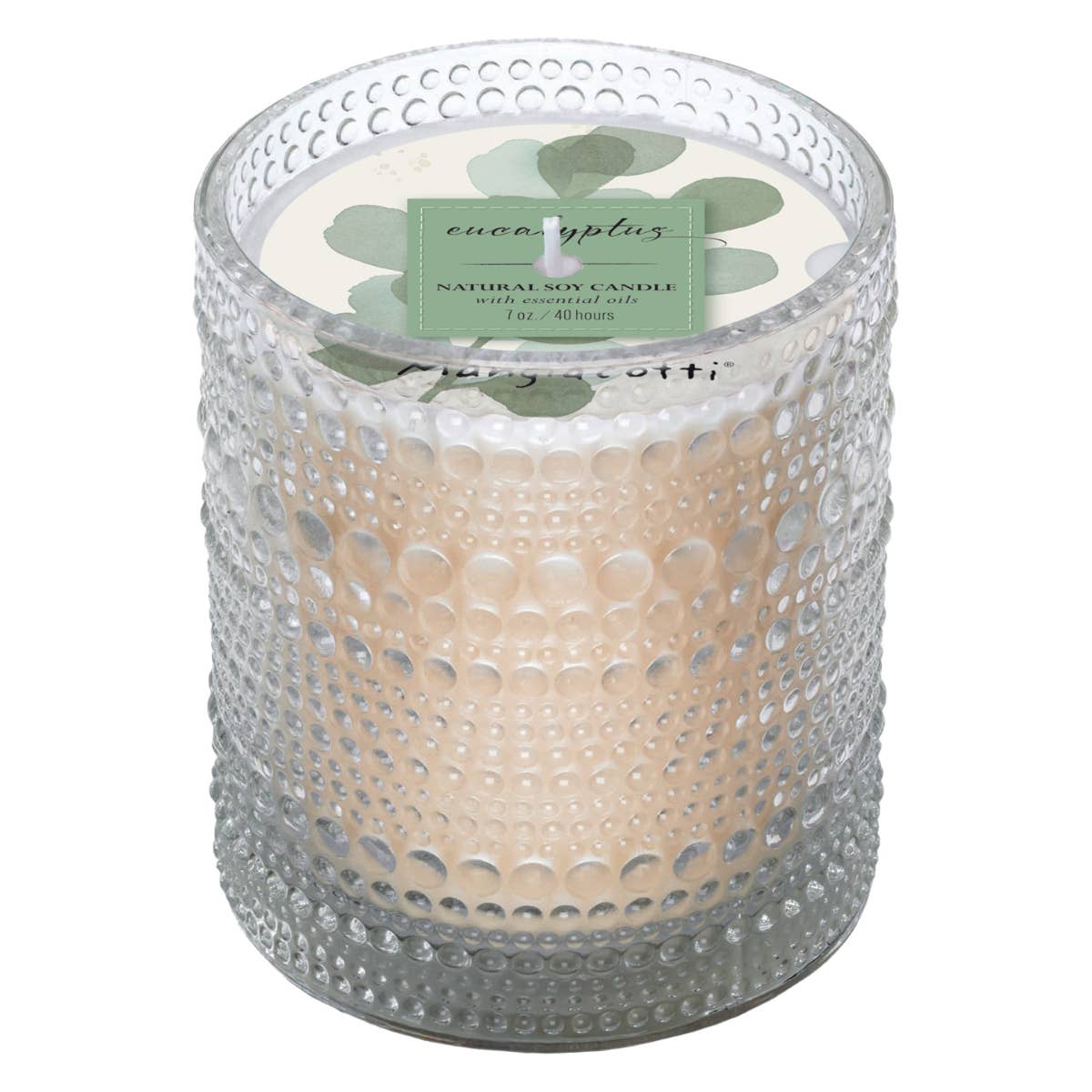 Candle in a textured glass holder with a visible brand label on a white background