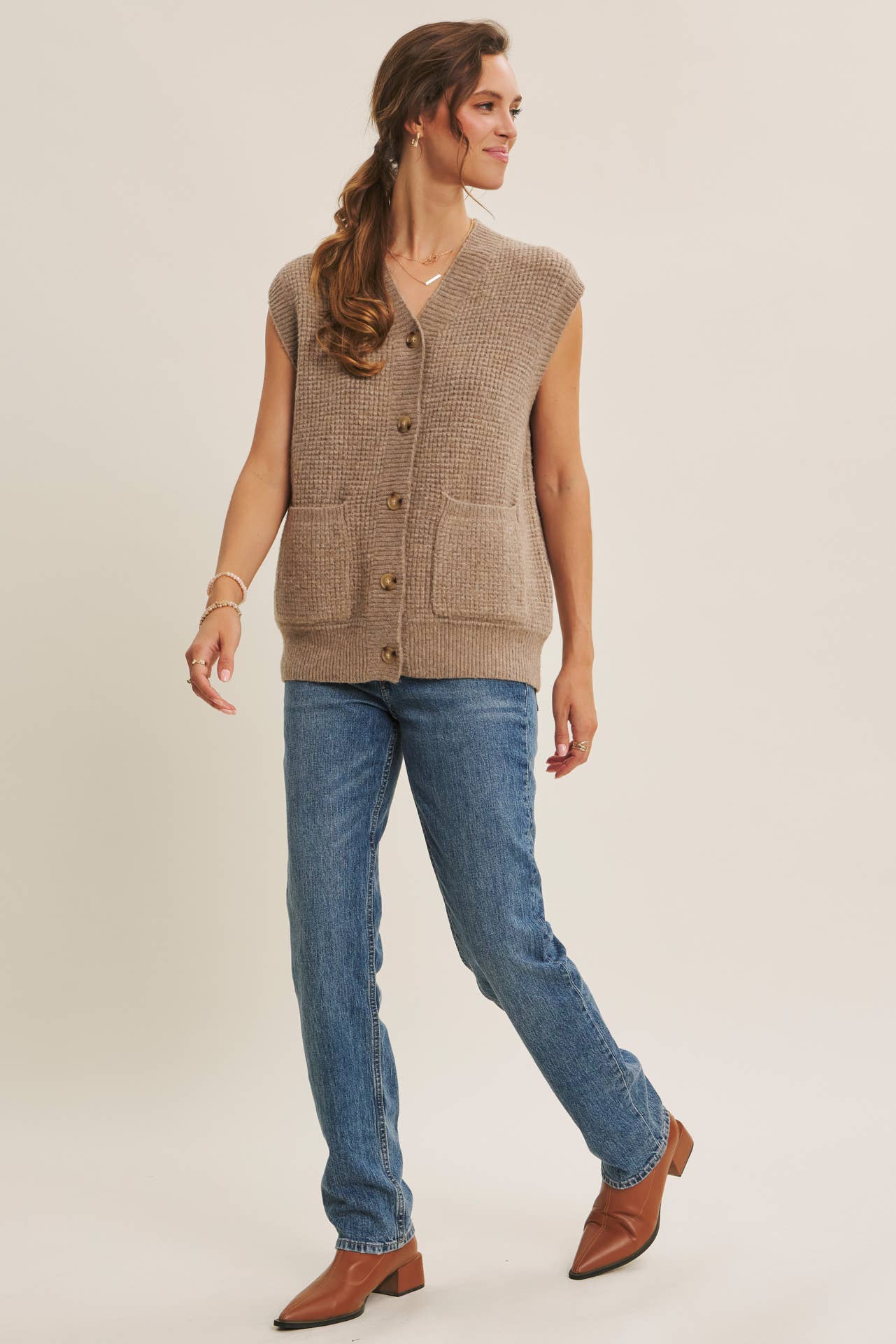 Light Brown Textured Thermal Button Down Sweater Vest
