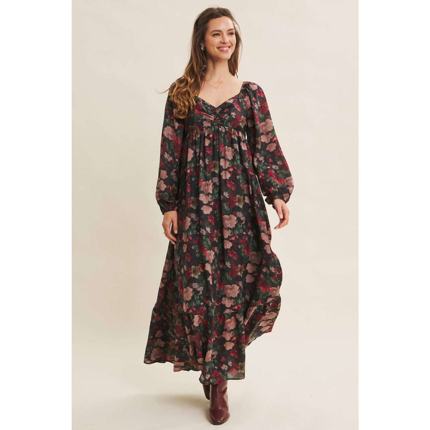 Black and Wine Autumn Floral Crinkled Smocked Maxi Dress