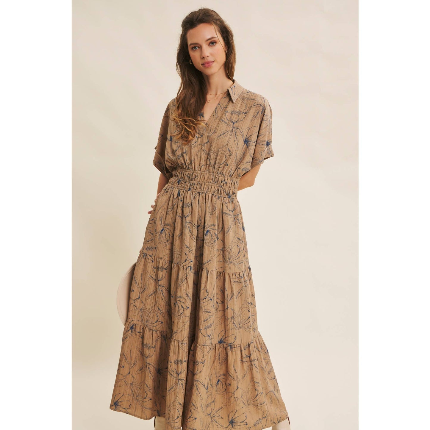 Mocha Vintage Inspired Dolman Sleeve Textured Floral Maxi Dress