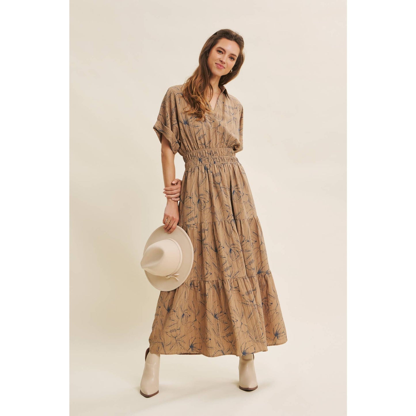 Mocha Vintage Inspired Dolman Sleeve Textured Floral Maxi Dress