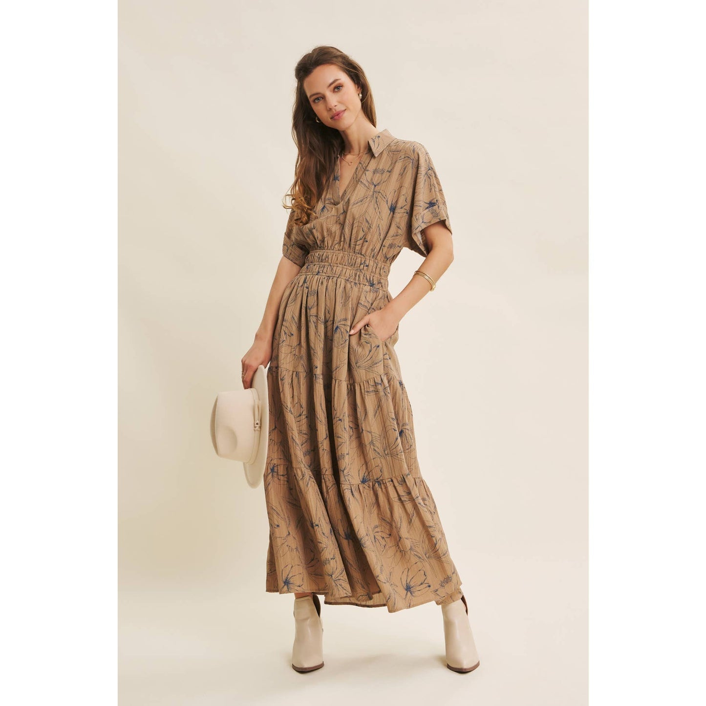 Mocha Vintage Inspired Dolman Sleeve Textured Floral Maxi Dress