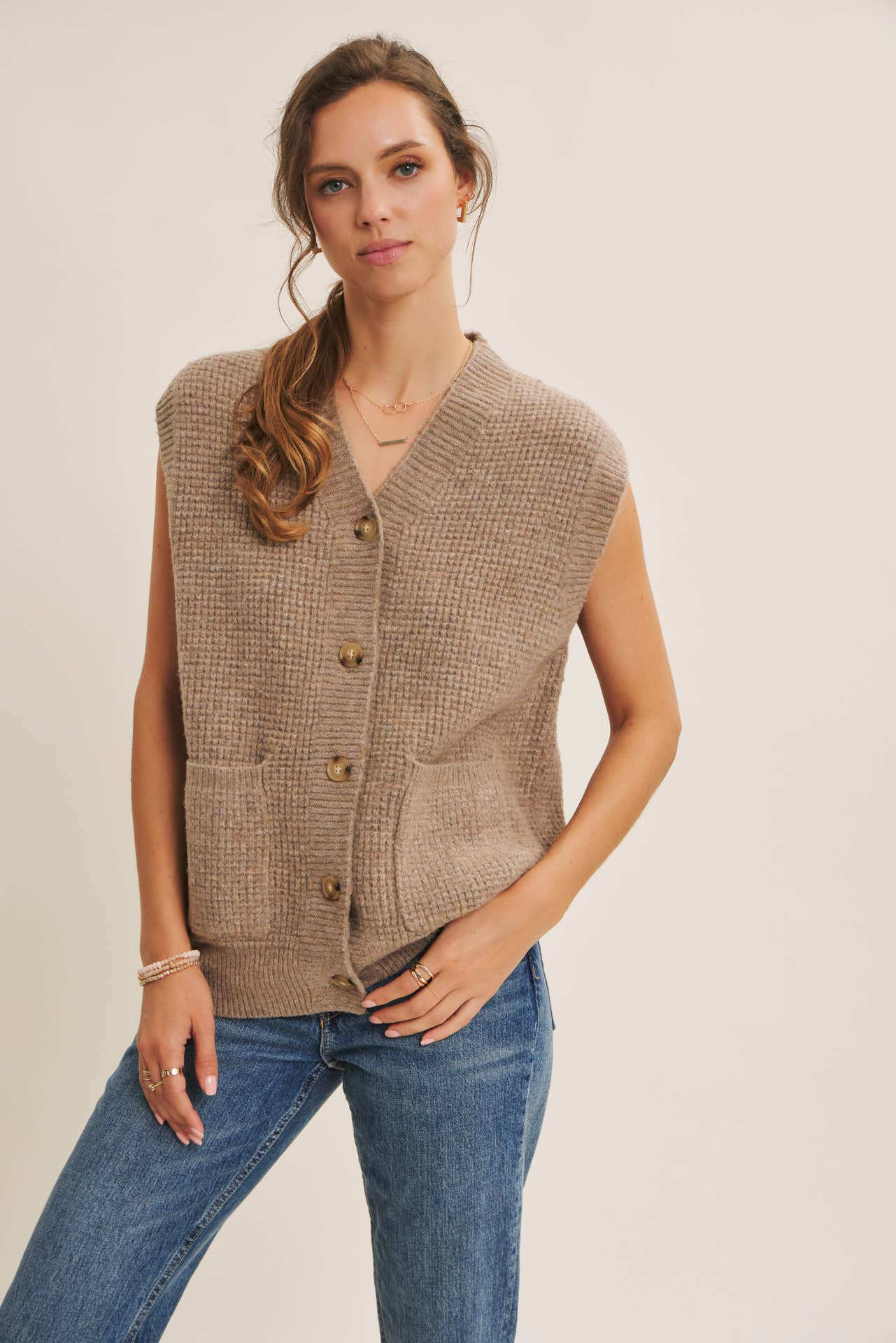 Light Brown Textured Thermal Button Down Sweater Vest