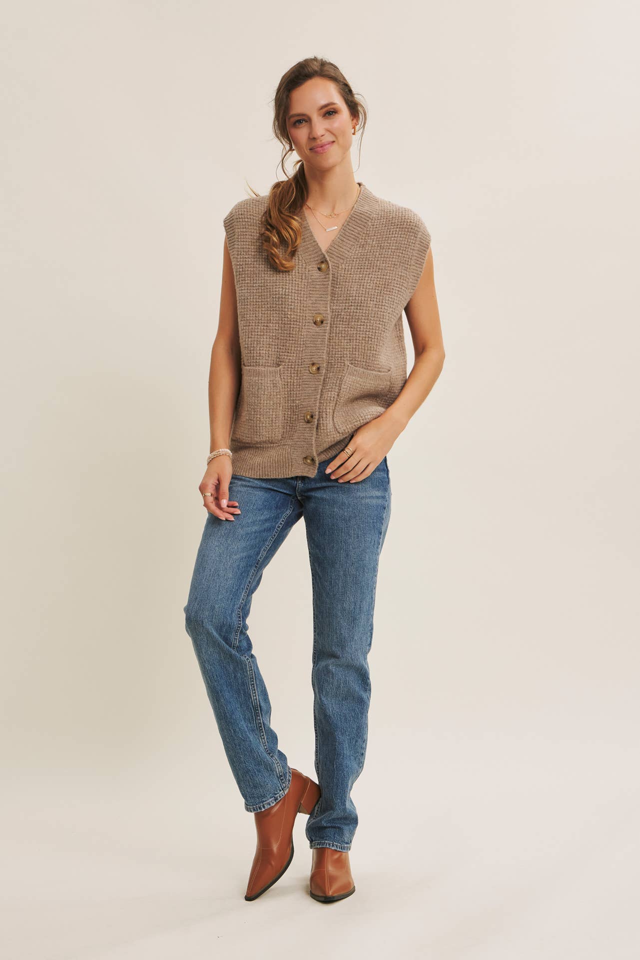 Light Brown Textured Thermal Button Down Sweater Vest