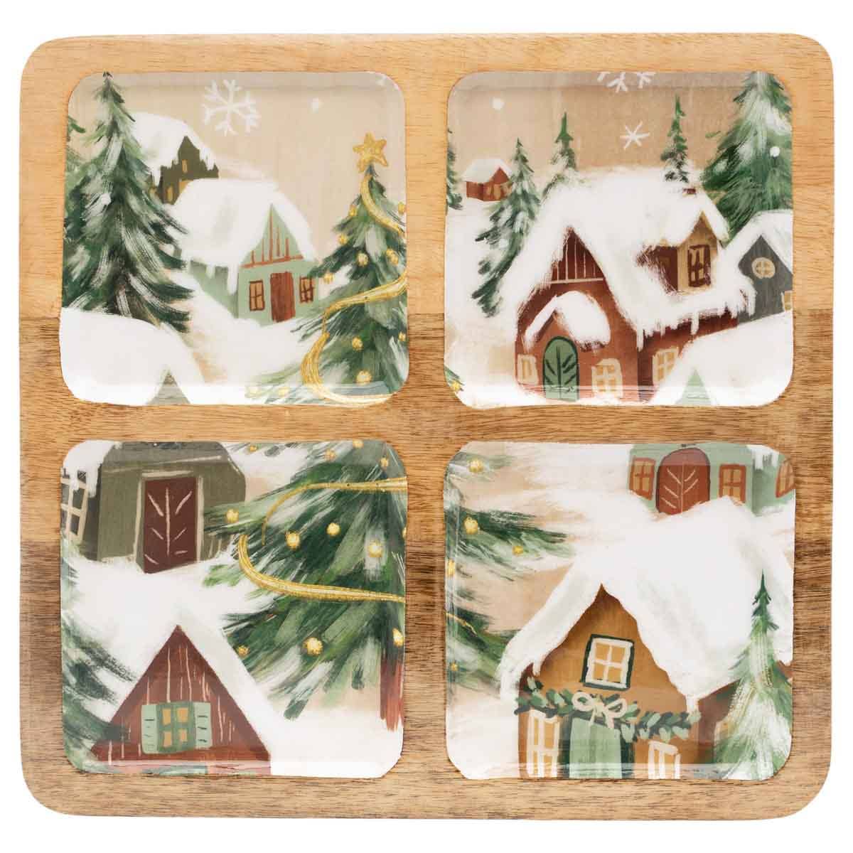 Gilded Village Mango Wood 4-Sectioned Tray Christmas