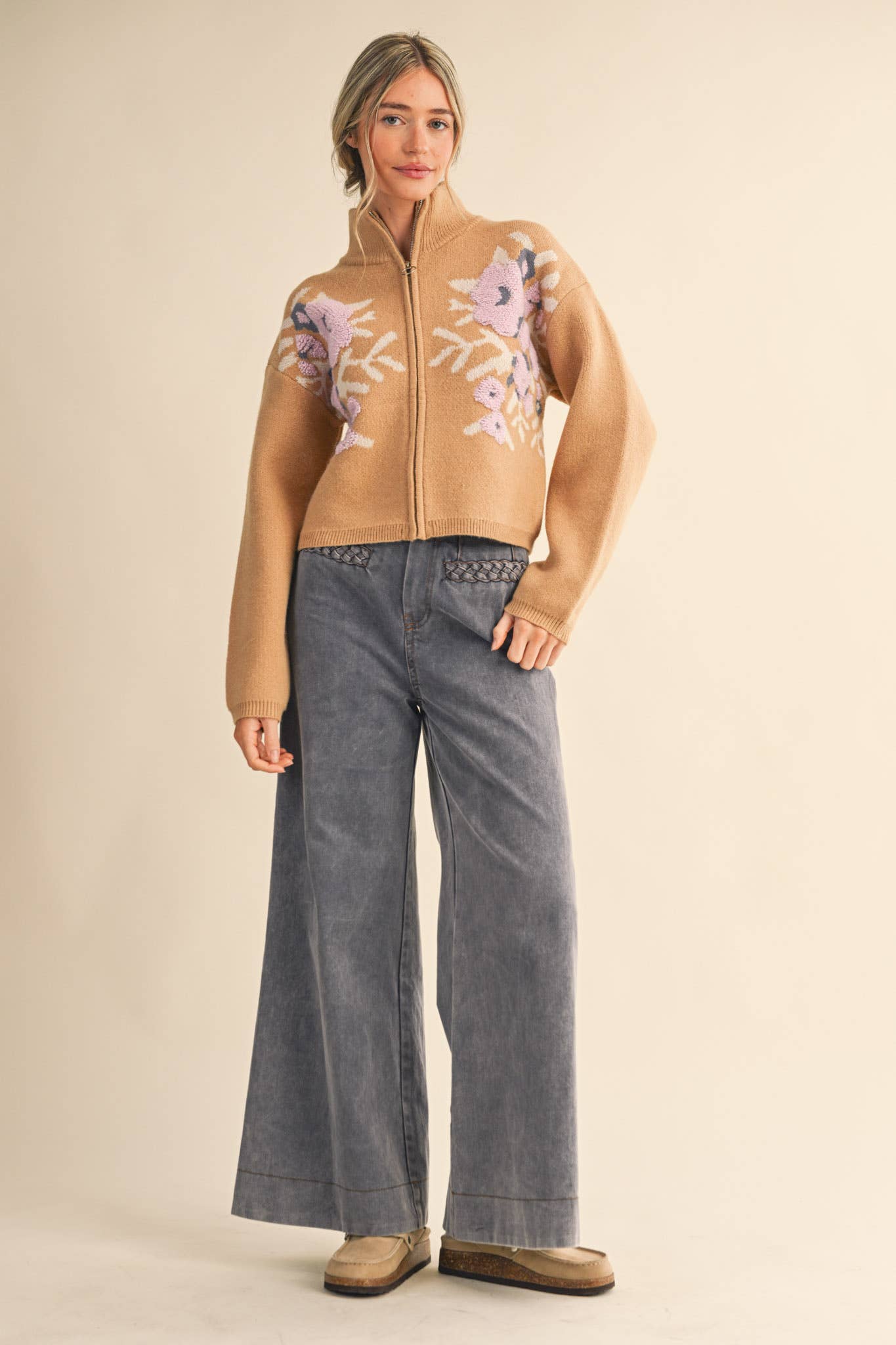 Floral Zip Up Sweater Cardigan