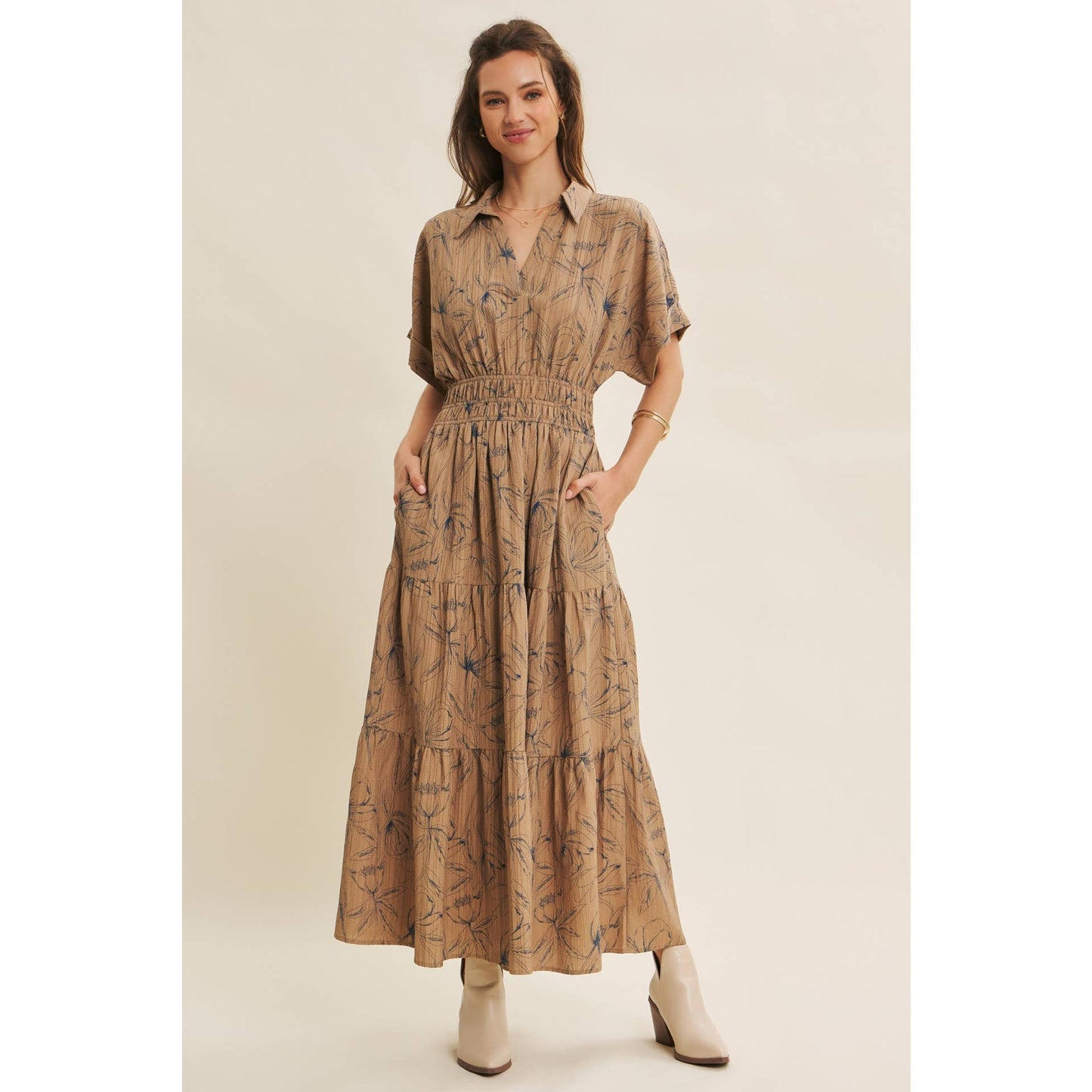 Mocha Vintage Inspired Dolman Sleeve Textured Floral Maxi Dress