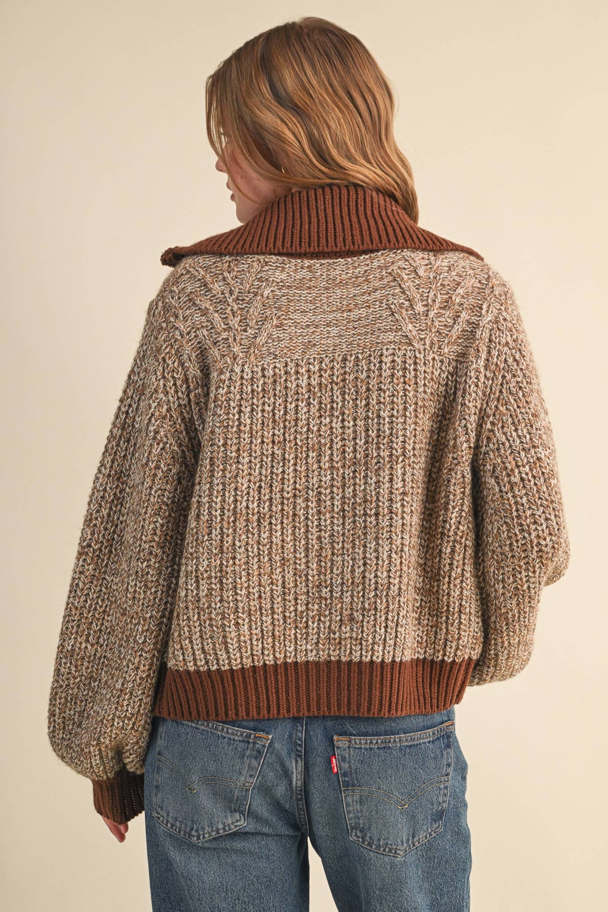 Mocha Contrast Zip Up Sweater Jacket