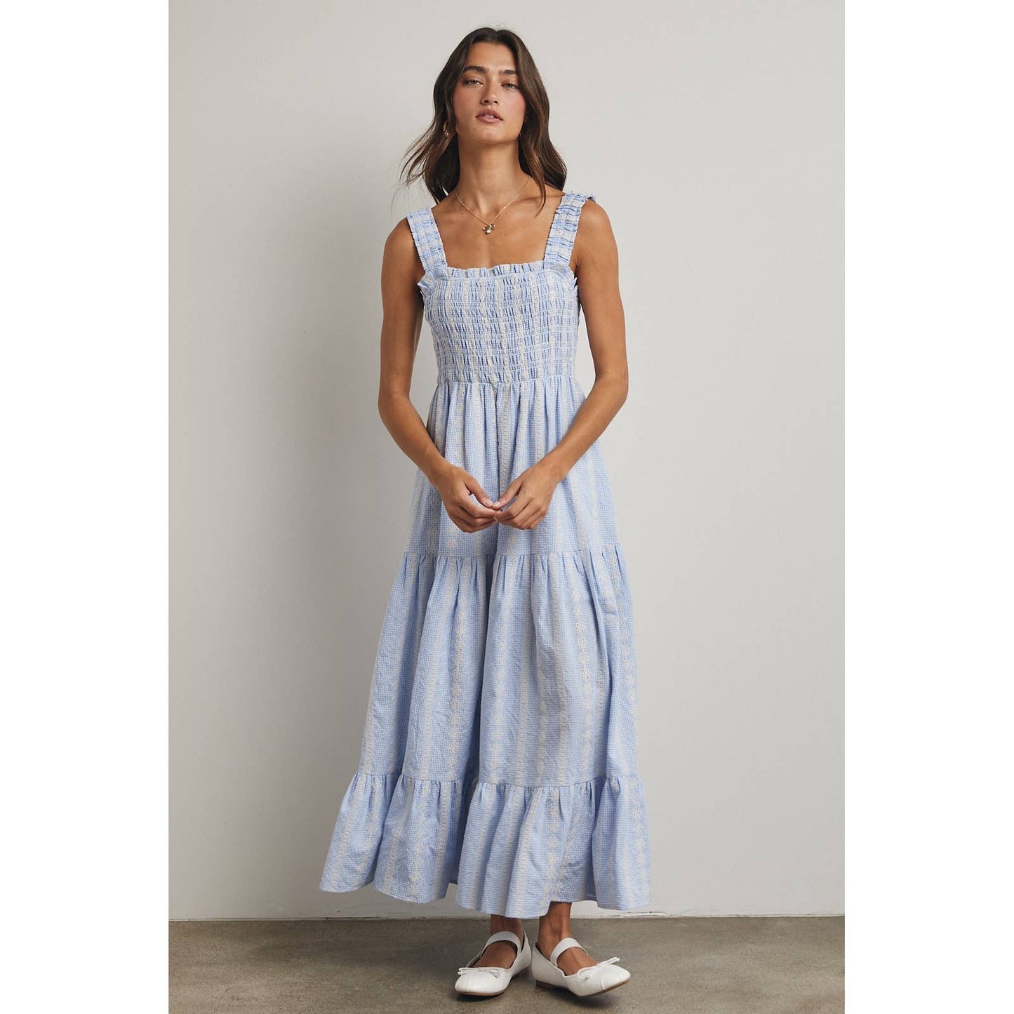 STRIPED SMOCKED MAXI DRESS