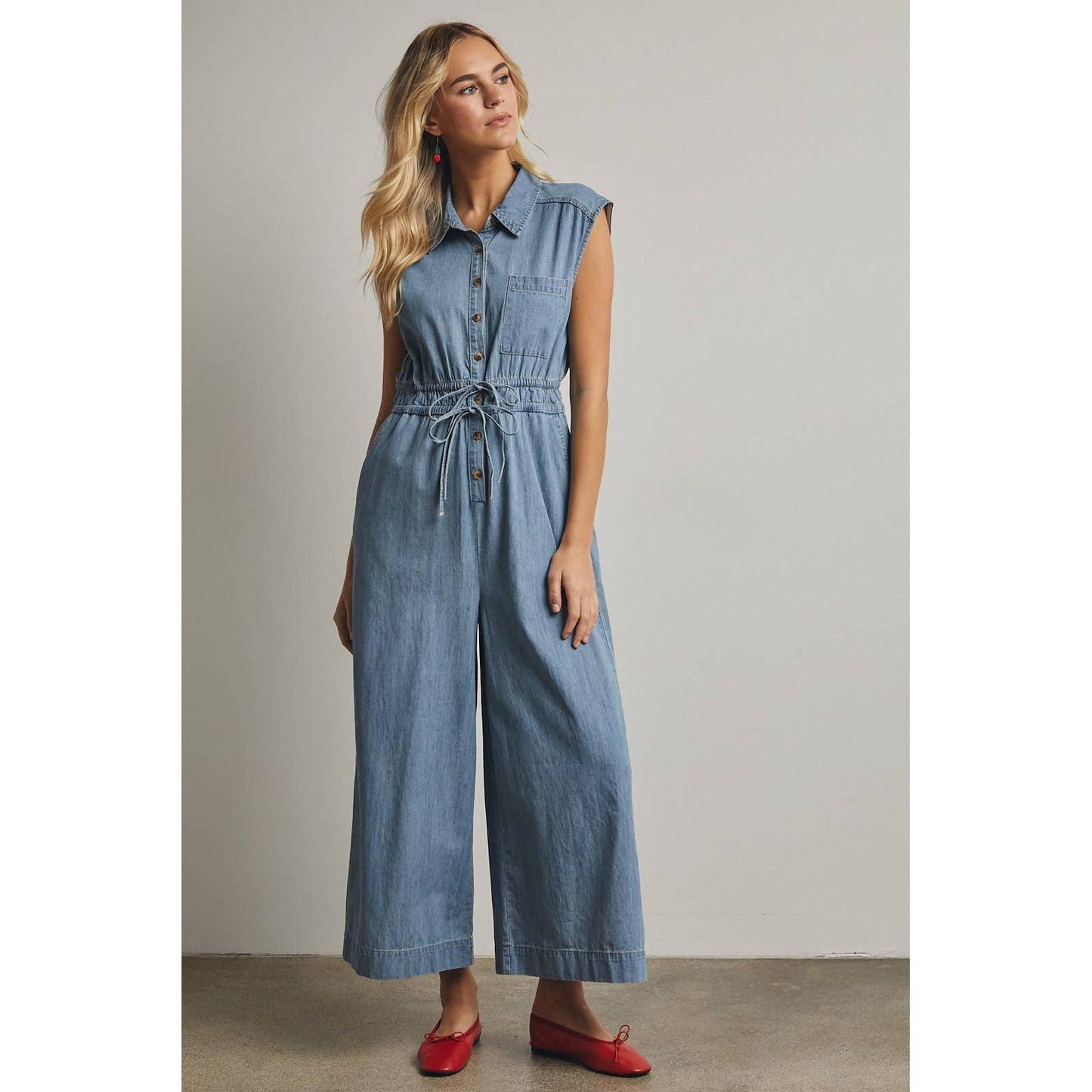 COTTON DENIM BUTTON-UP JUMPSUIT