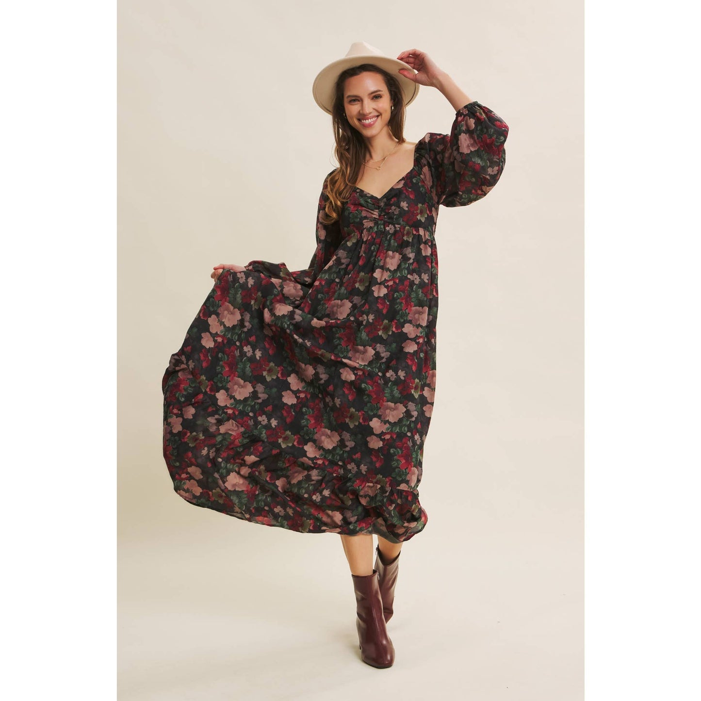 Black and Wine Autumn Floral Crinkled Smocked Maxi Dress