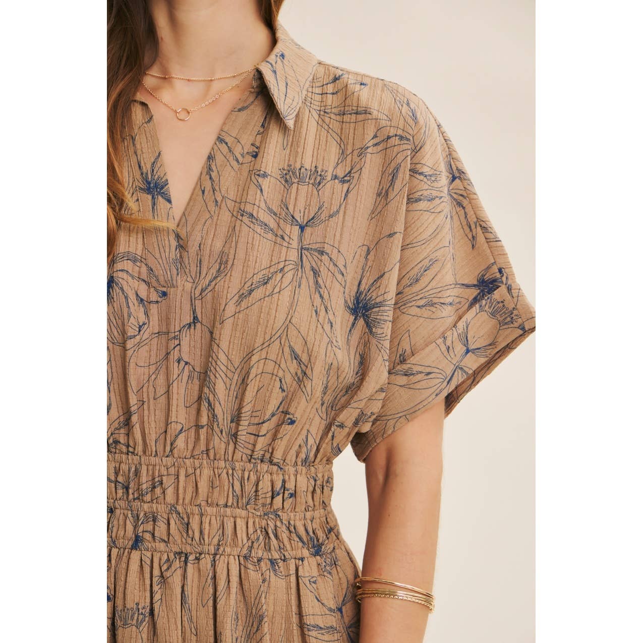 Mocha Vintage Inspired Dolman Sleeve Textured Floral Maxi Dress