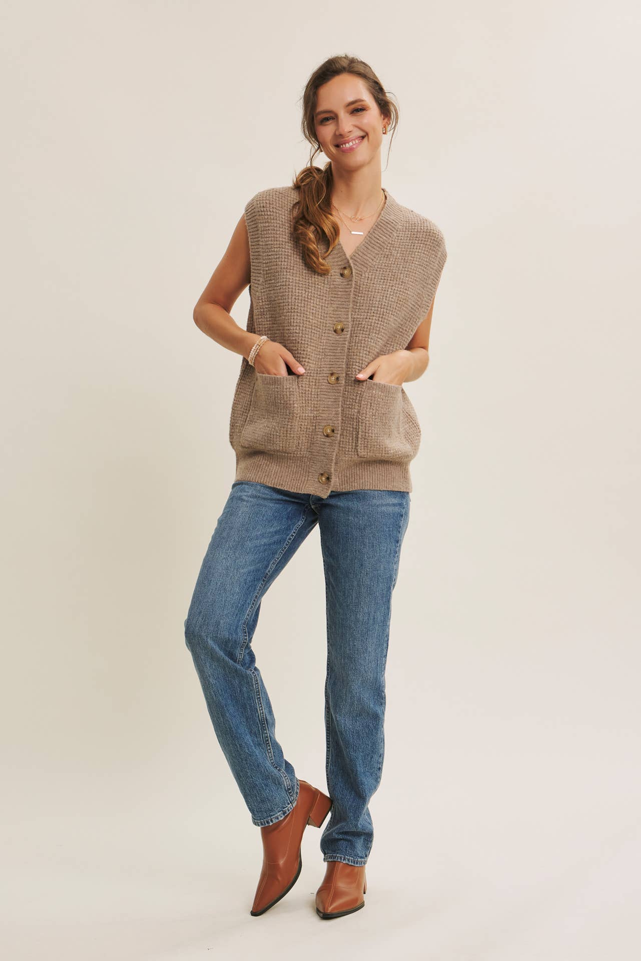 Light Brown Textured Thermal Button Down Sweater Vest