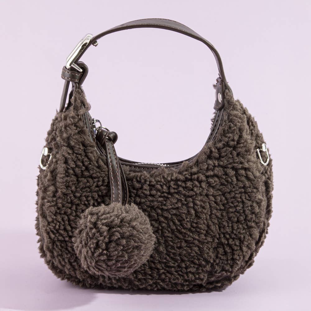 Sherpa Fleece Pom Charm Hobo Bag