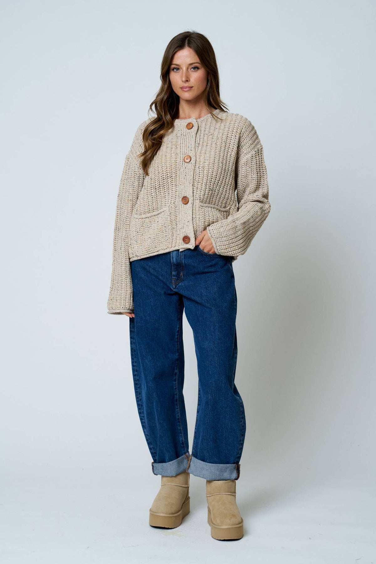 Light Khaki Button Down Raw Edge Chunky Knit Cardigan