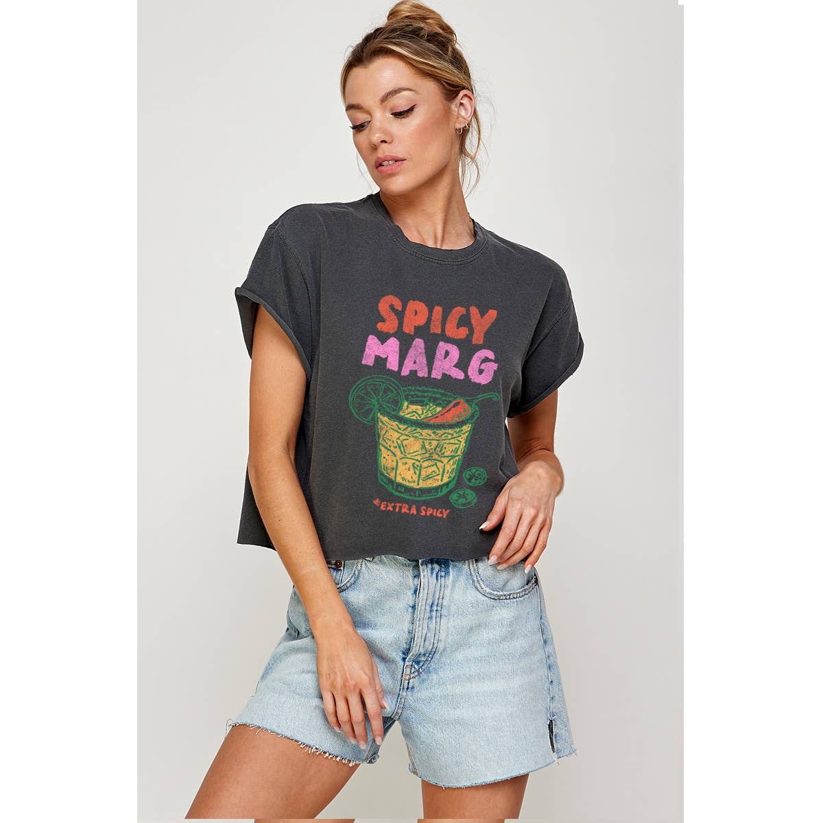 Charcoal Spicy Marg Vintage Graphic Crop Top