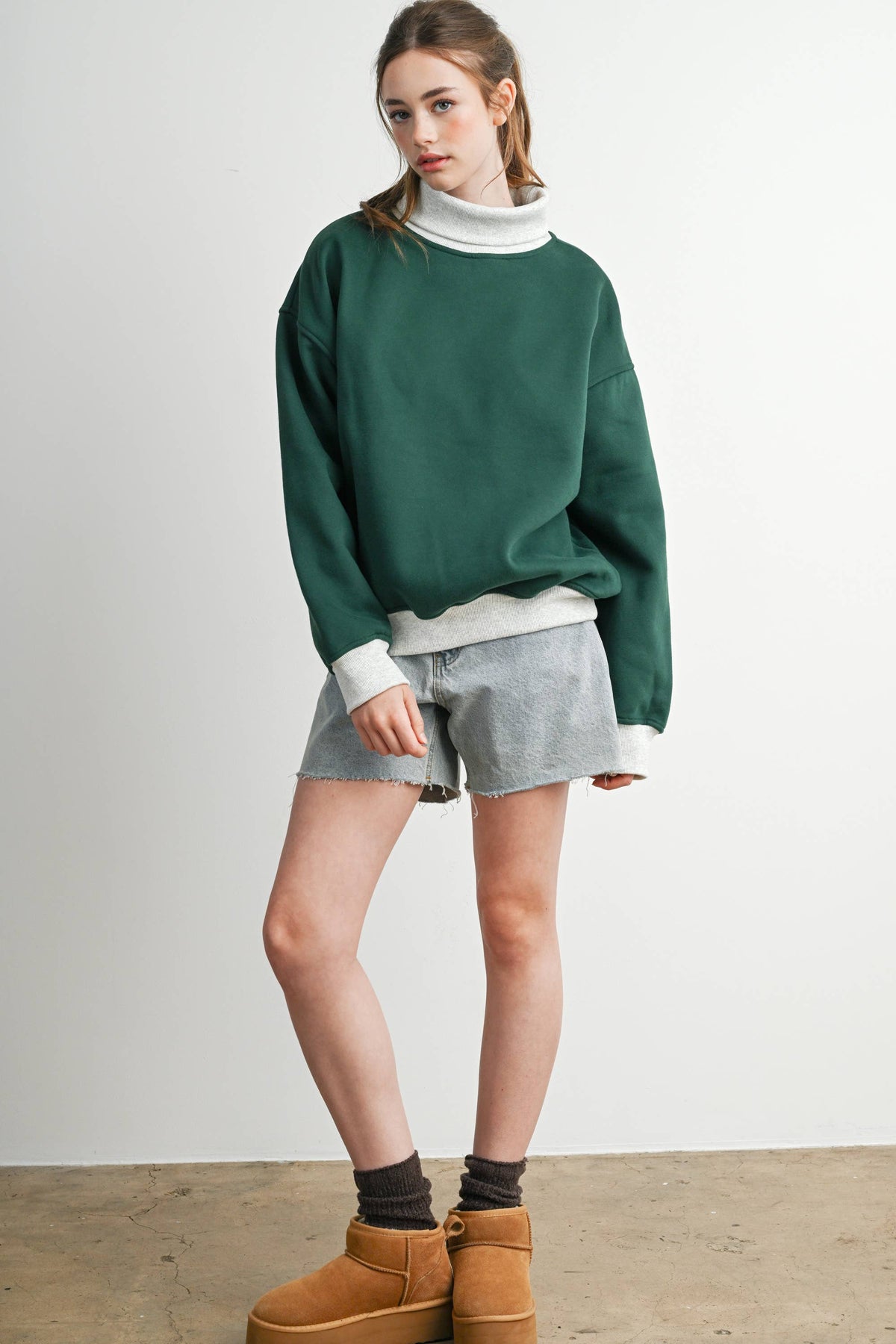 Cozy Contrast Green and Grey Turtleneck Sweatshirt
