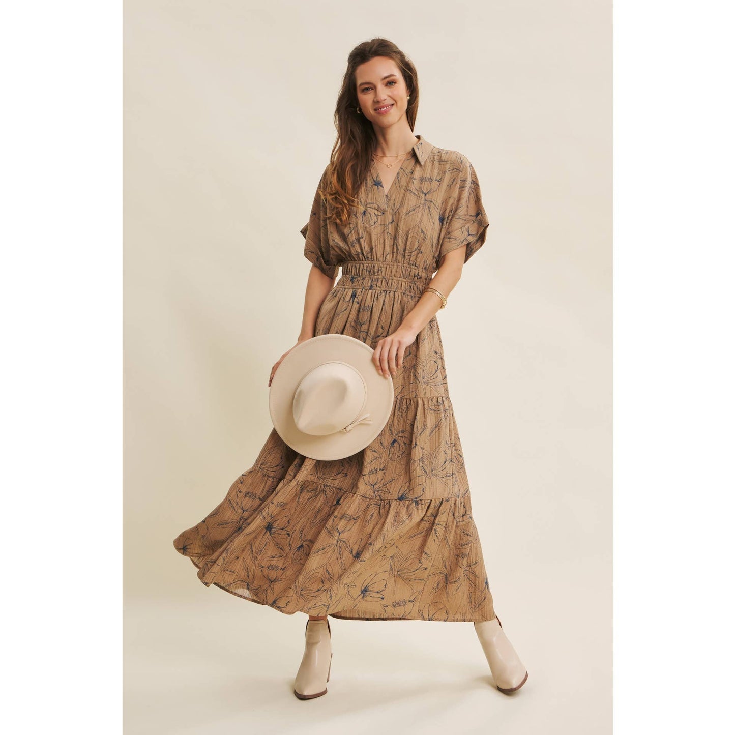 Mocha Vintage Inspired Dolman Sleeve Textured Floral Maxi Dress
