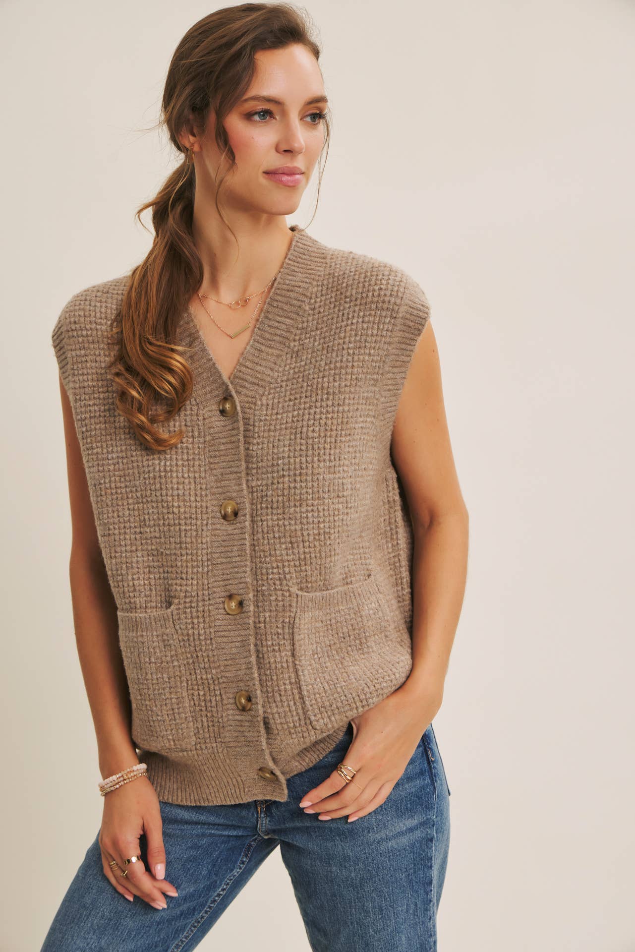 Light Brown Textured Thermal Button Down Sweater Vest