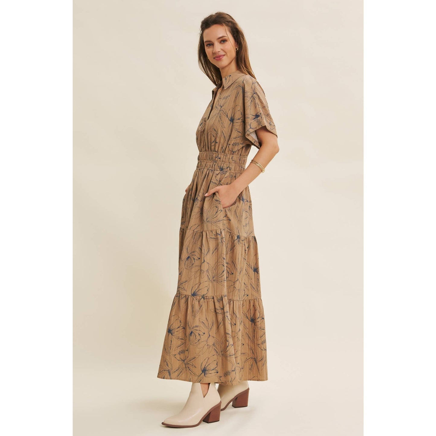 Mocha Vintage Inspired Dolman Sleeve Textured Floral Maxi Dress