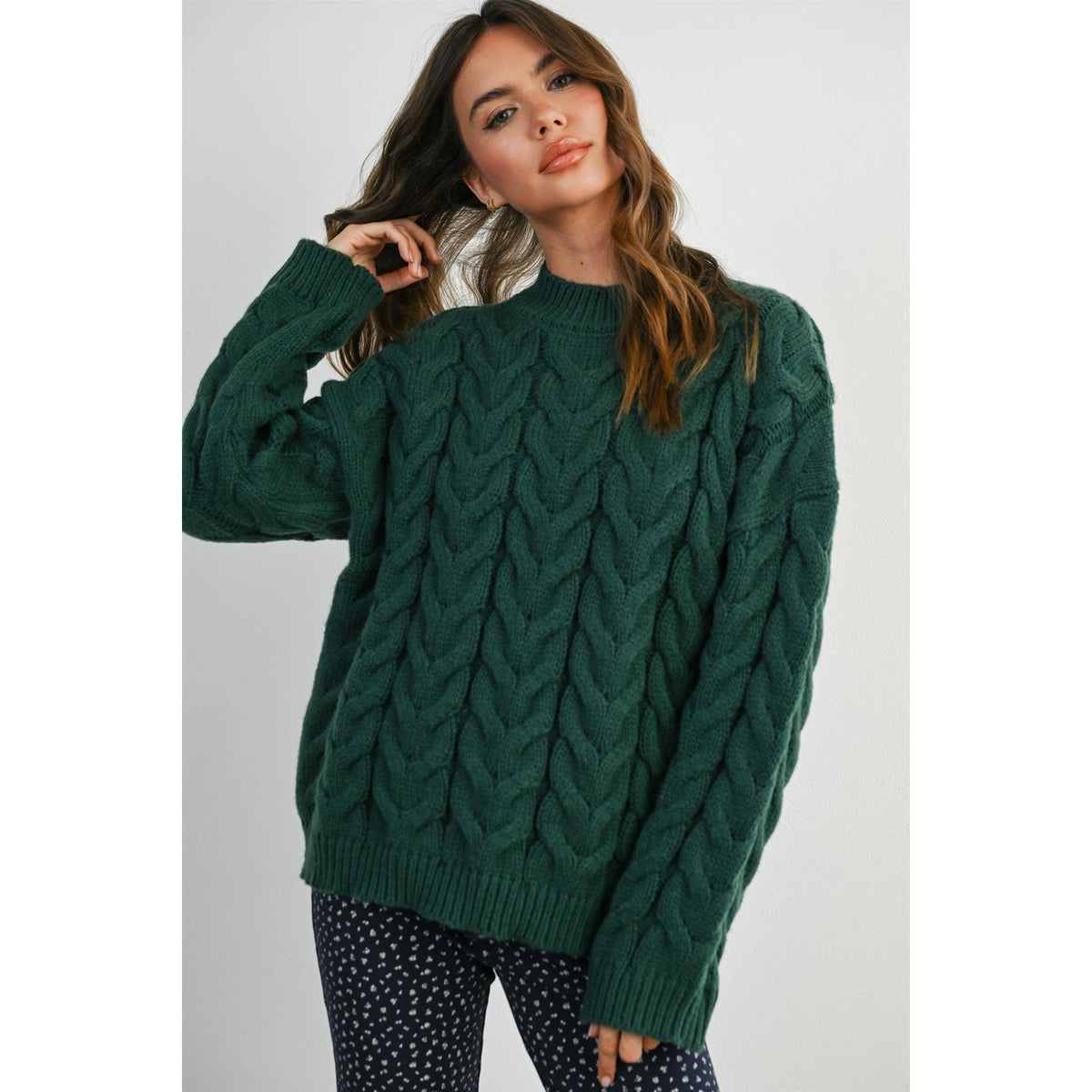 Green Cable-Knit Long Sleeve Sweater
