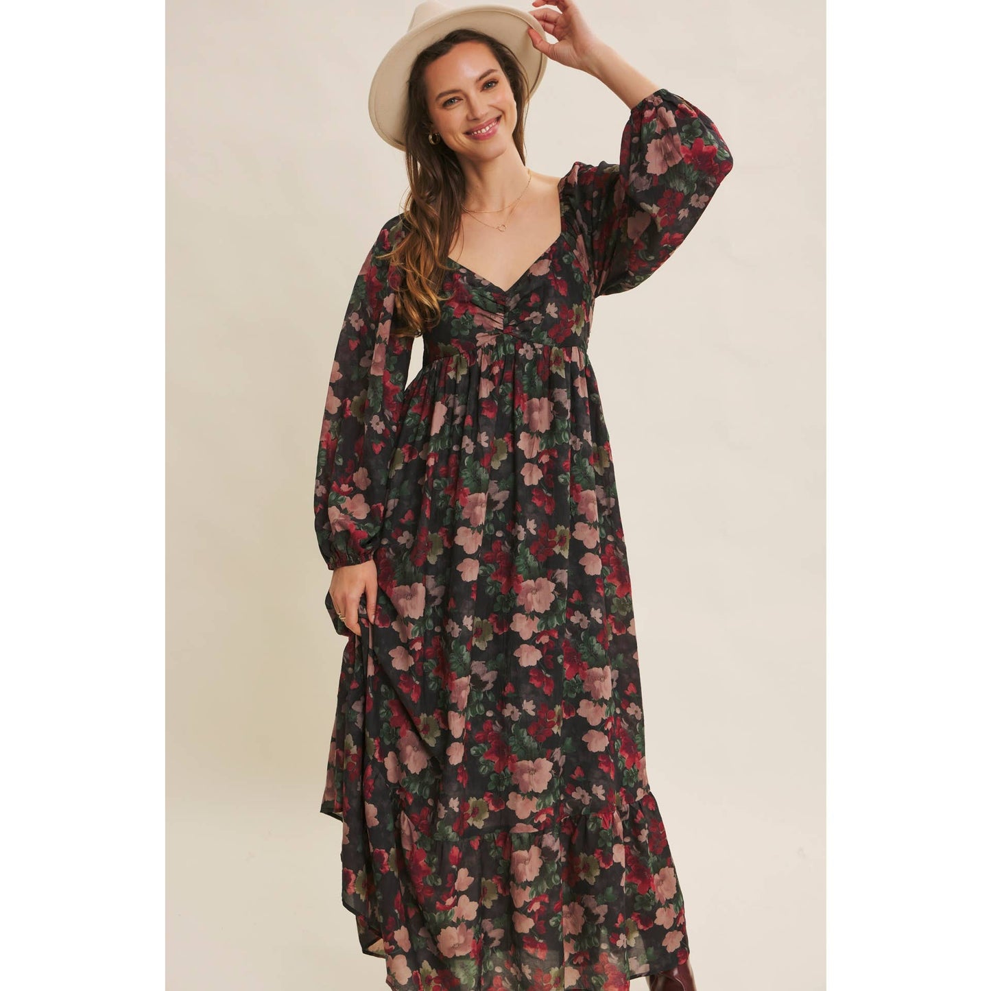 Black and Wine Autumn Floral Crinkled Smocked Maxi Dress