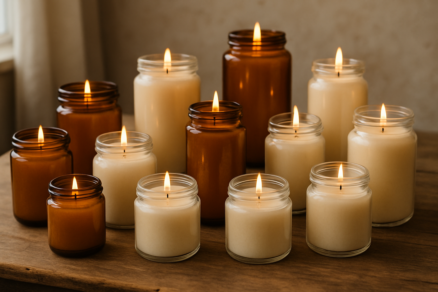 A collection of artisan candles in different sizes on a table. Some in clear jars some in amber colored jars.