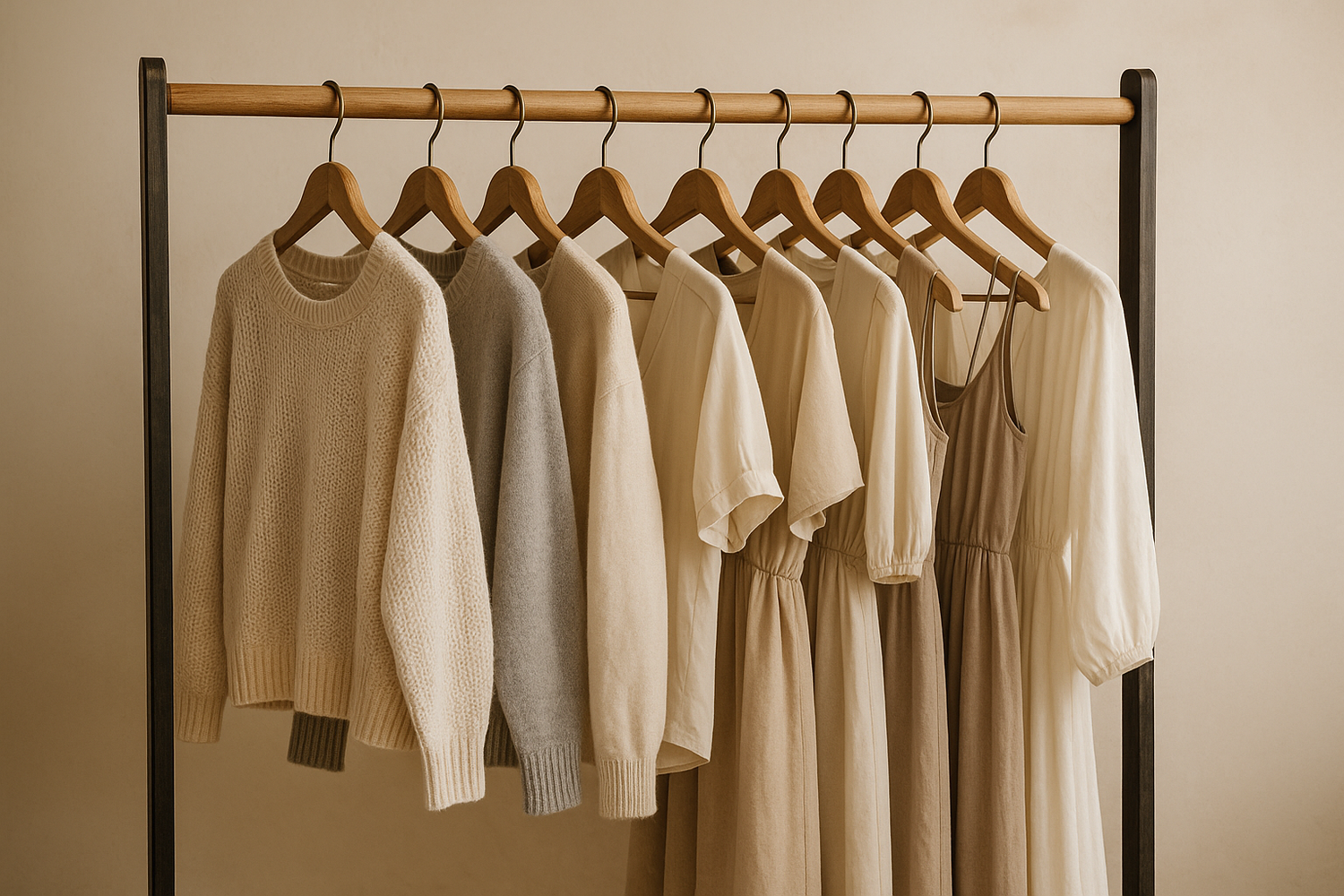 an artisan shop clothing rack with sweaters, dresses and tops in neutral tones
