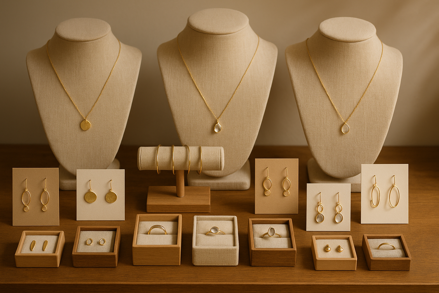 an artisan shop display of jewelry including necklaces on linen neckforms earrings and rings in small boxes or on cardstock and bracelets on linen bracelet bars