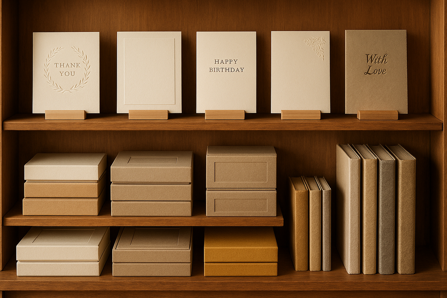 Shelf with artisan papergoods like greeting cards, stationary, and notebooks