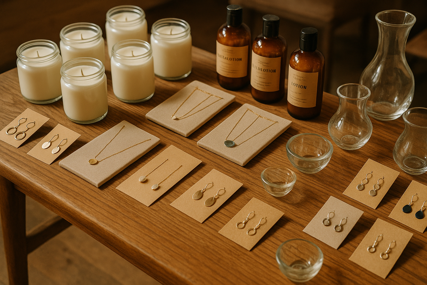 tabletop with small artisan goods like candles, jewelry, lotions and glassware