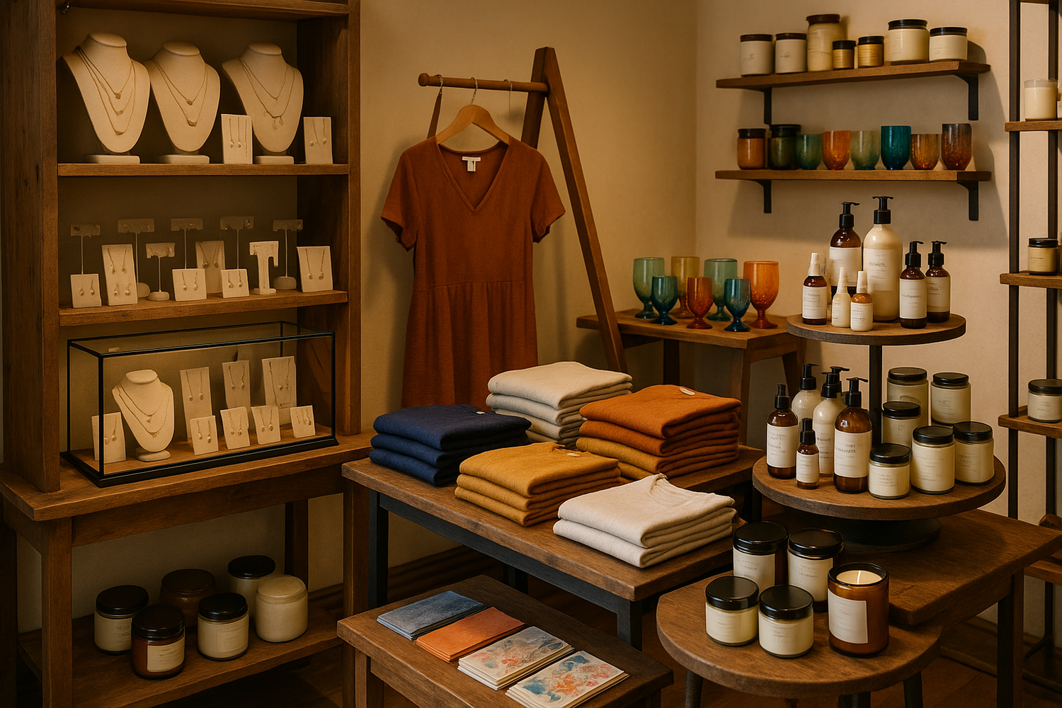 The corner of an Artisan Shop with Jewelry, Apparel, Glassware, Lotions, Candles and Stationary items merchandised appealingly on a variety of tables, shelves and racks. 