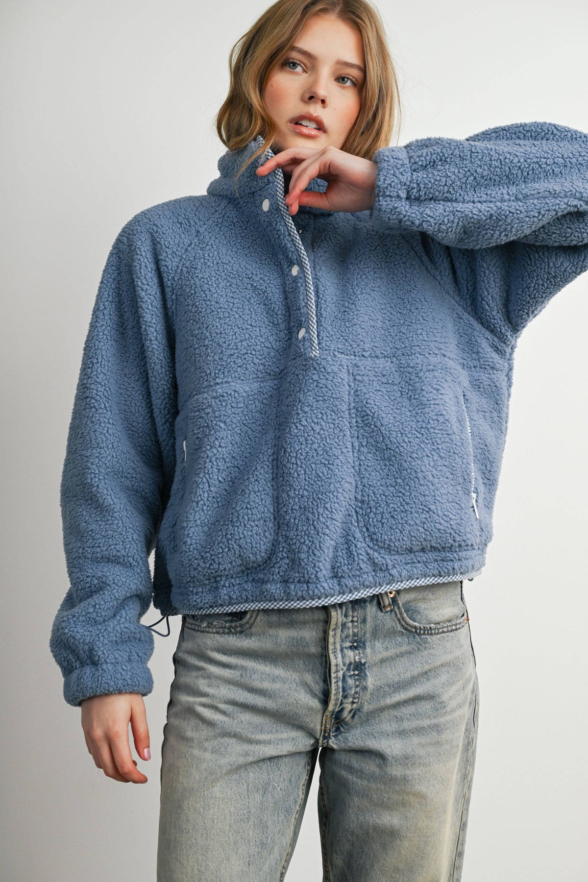 Blue Casual Half Button Fleece Sweatshirt