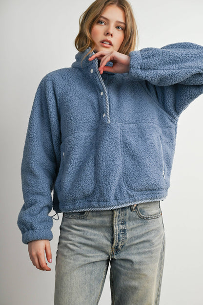 Blue Casual Half Button Fleece Sweatshirt