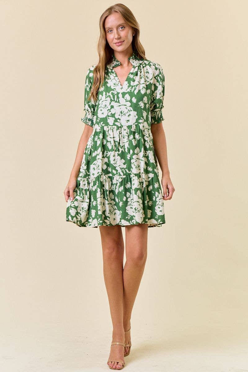Green Floral Print Split V-Neck Puff Short Sleeve Dress