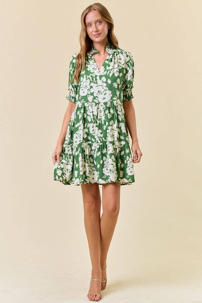 Green Floral Print Split V-Neck Puff Short Sleeve Dress