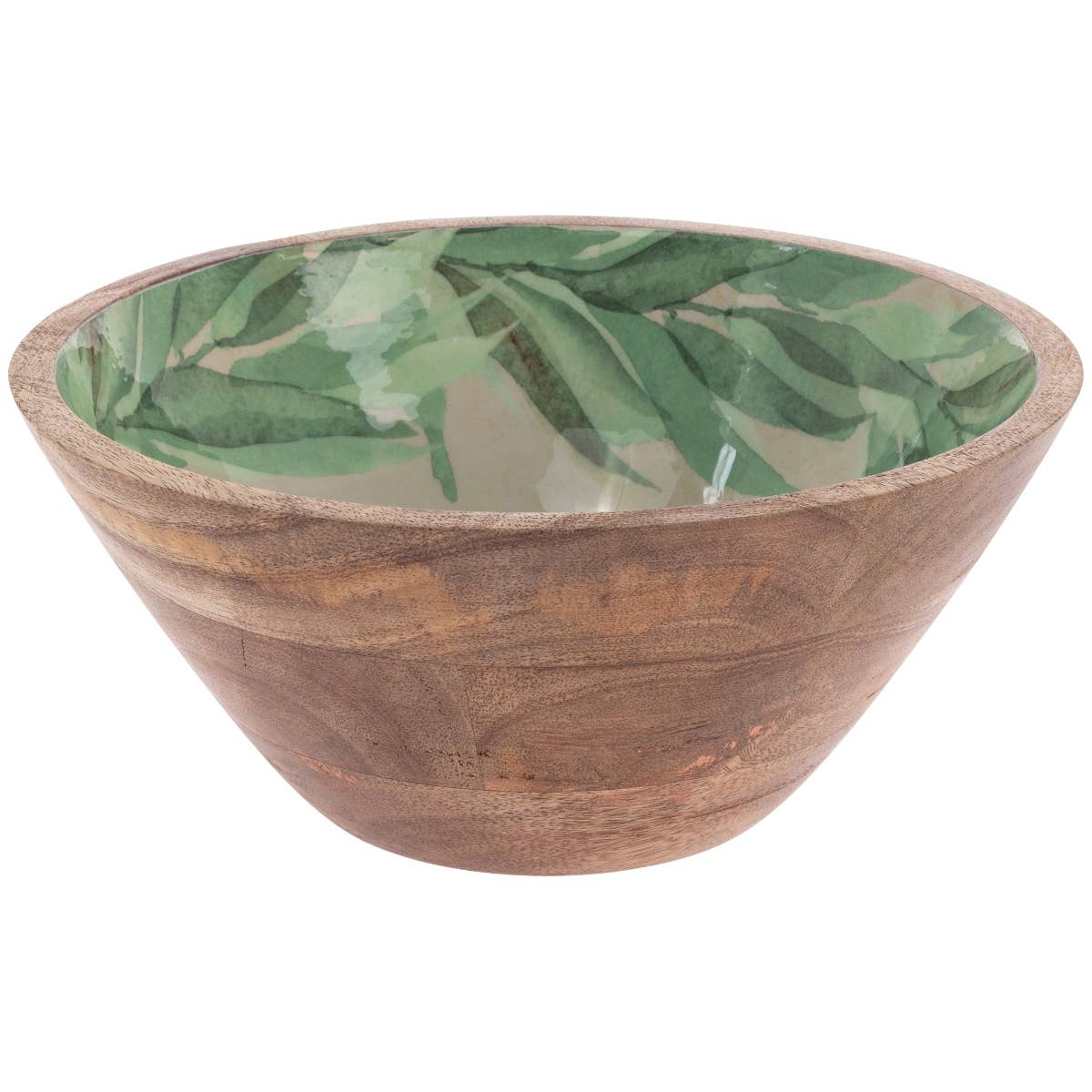 Wooden bowl with a green leaf pattern on a white background