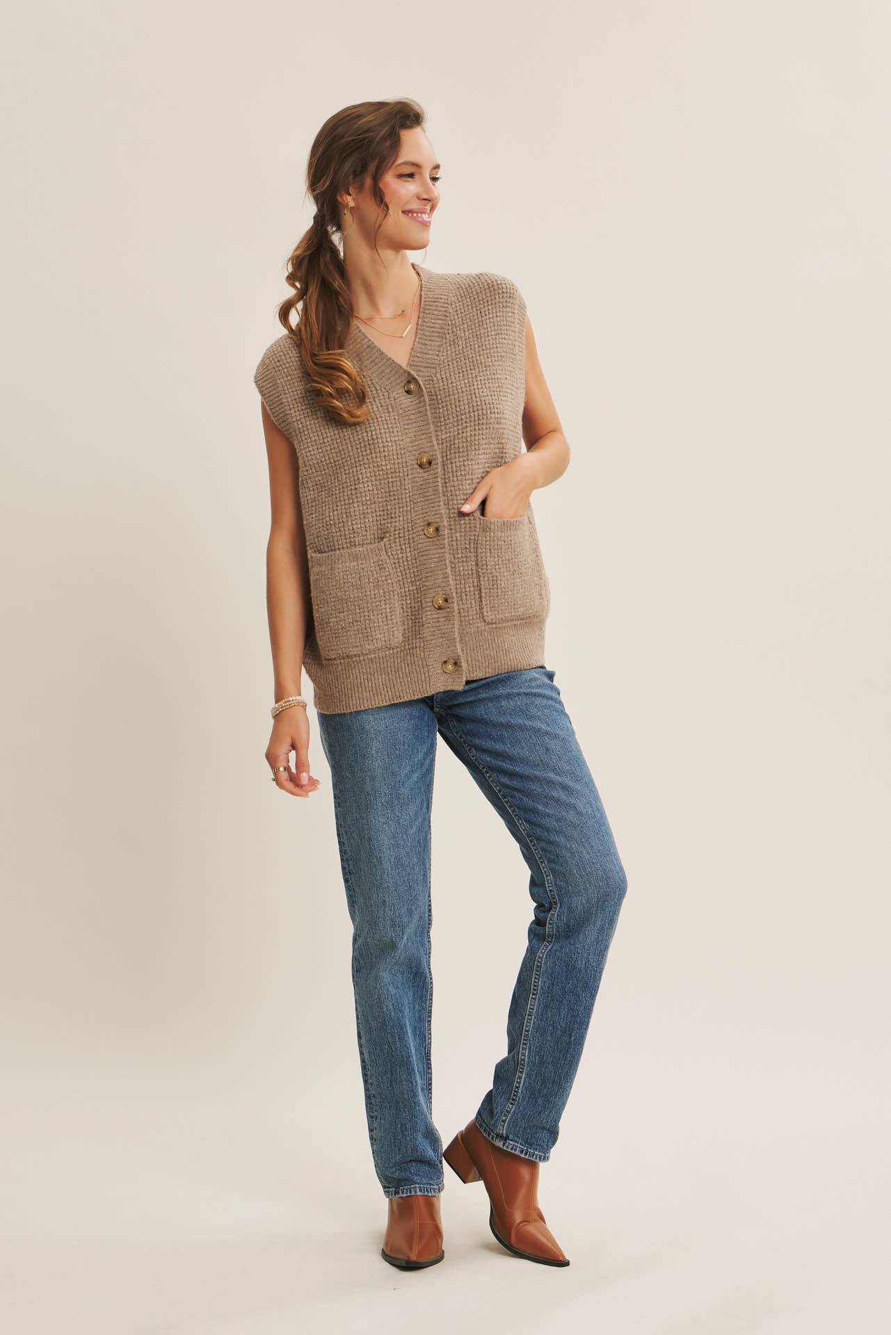 Light Brown Textured Thermal Button Down Sweater Vest