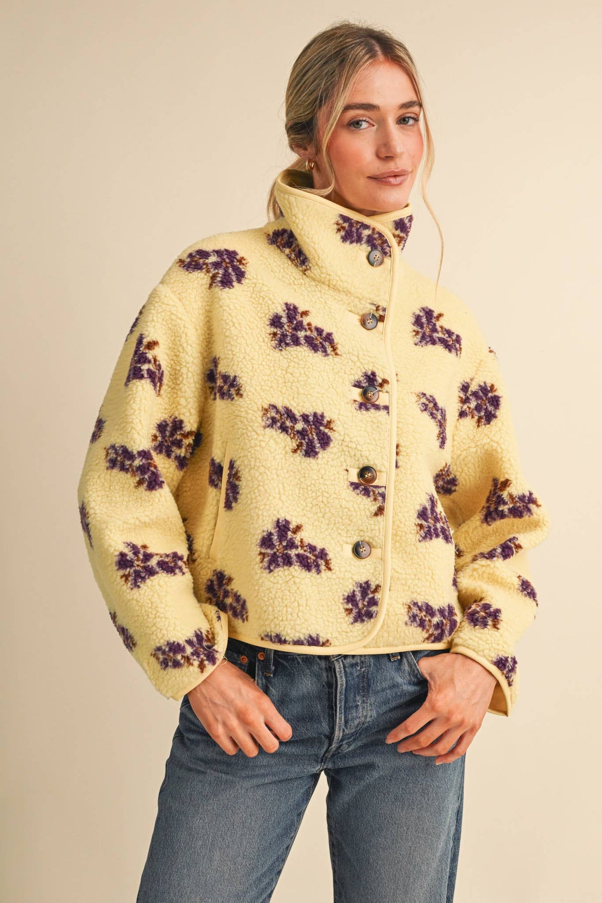 Lemon Floral Faux Sherpa Jacket