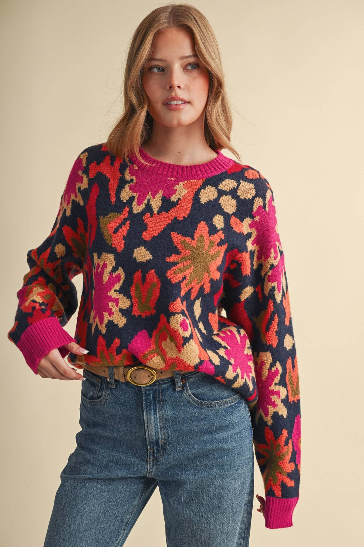 Navy and Pink Abstract Floral Knit Sweater