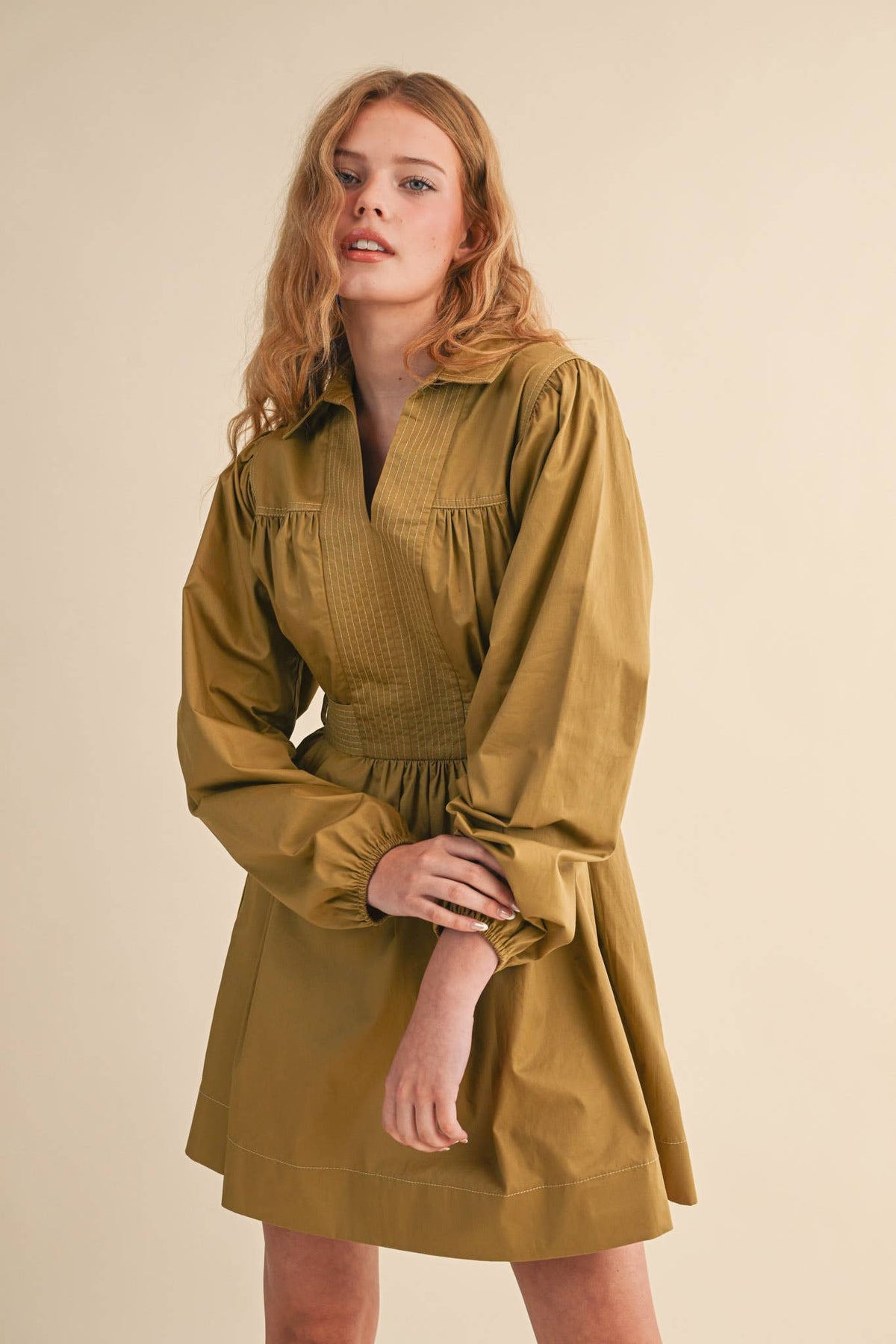 Embroidered Seam Detail Sage Mini Dress