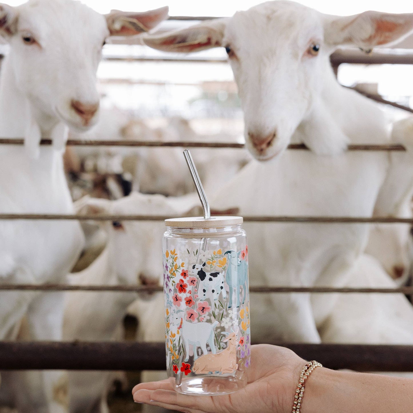Goats & Flowers Glass Can