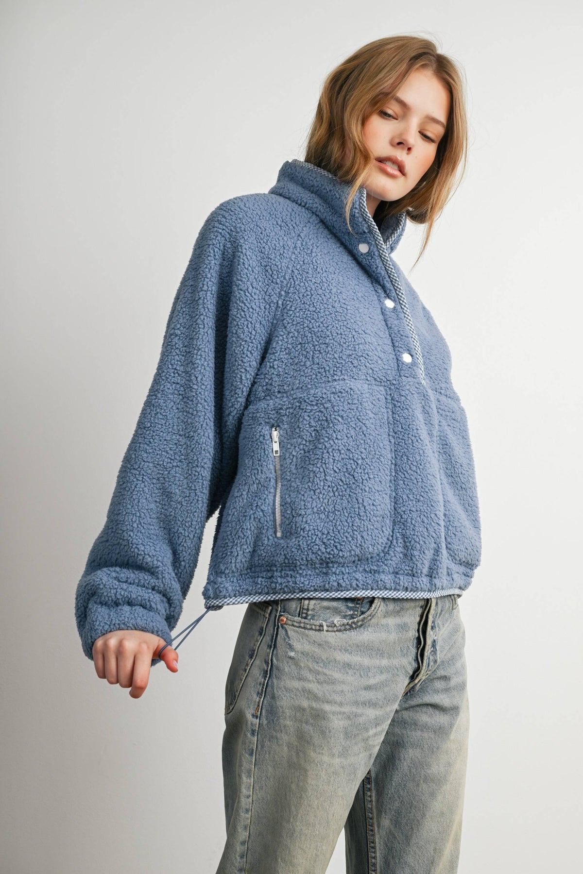 Blue Casual Half Button Fleece Sweatshirt