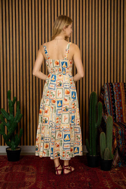Marine Motif Tie Smocked Waist Midi Dress